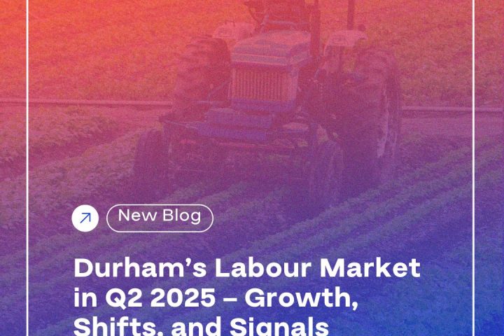 A screenshot of a social media post titled "New Blog Durham's Labour Market in Q2 2025. featuring the website link durhamworkforceauthority.ca/blog. The image includes text and a tractor in a field