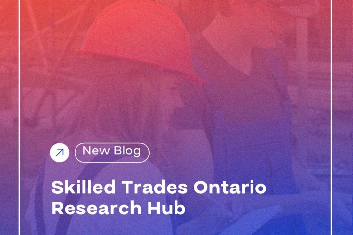 A screenshot of a social media post featuring the text "New Blog Skilled Trades Ontario Research Hub" and a link to durhamworkforceauthority.ca/blog, with a visually appealing graphic design. The background includes elements related to skilled trades.
