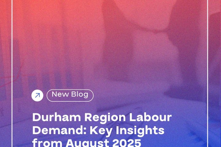 A screenshot showing a mobile phone displaying a blog titled "Durham Region Labour Demand: Key Insights from August 2025" on the website durhamworkforceauthority.ca/blog. The screen features text in various fonts and a graphic design layout.