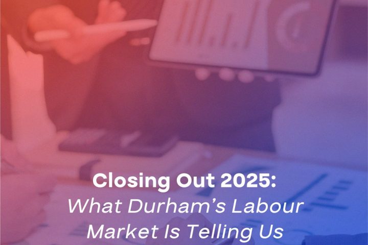 A person holding a tablet displaying a blog post titled "Closing Out 2025: What Durham's Labour Market Is Telling Us" from durhamworkforceauthority.ca. The image is a screenshot with visible text.