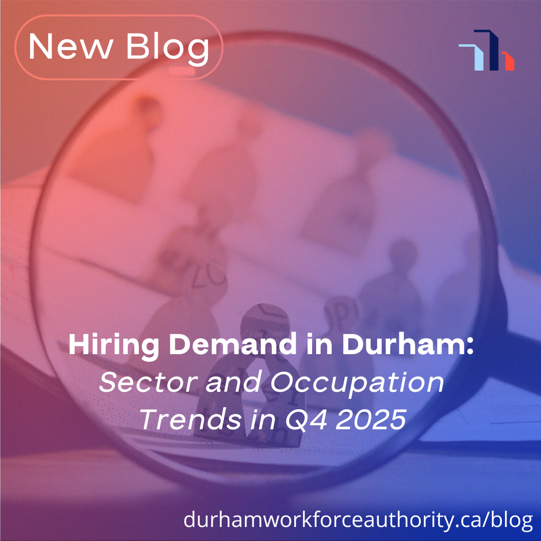A magnifying glass placed over a stack of papers, with visible text indicating a blog titled "Hiring Demand in Durham: Sector and Occupation Trends in Q4 2025" from durhamworkforceauthority.ca.