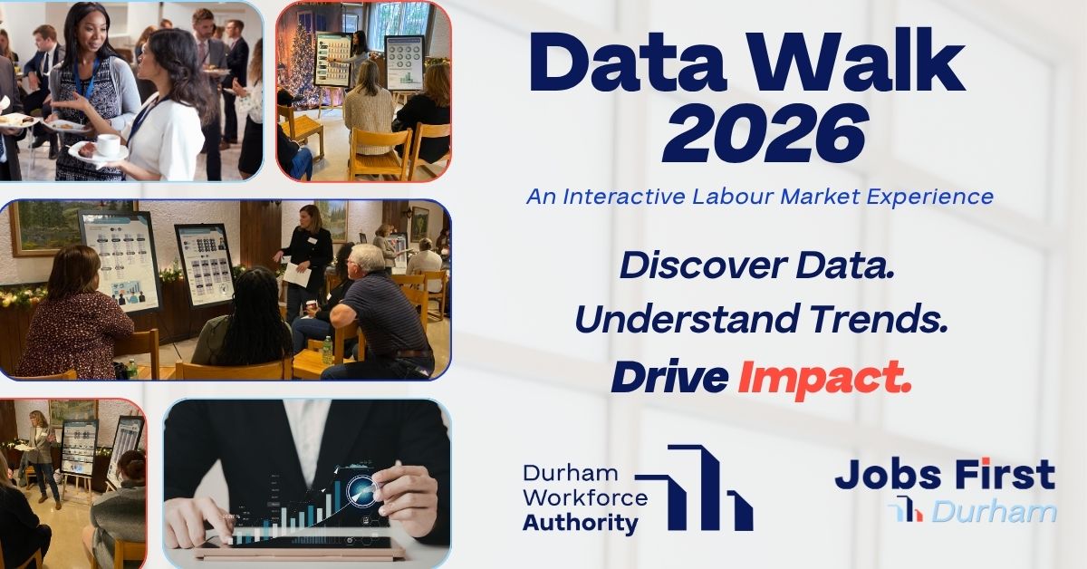 Data Walk 2026 advertisement featuring images of people engaging in discussions and activities related to discovering data, understanding trends, and driving impact. The event is organized by the Durham Workforce Authority with a focus on labor market experience.