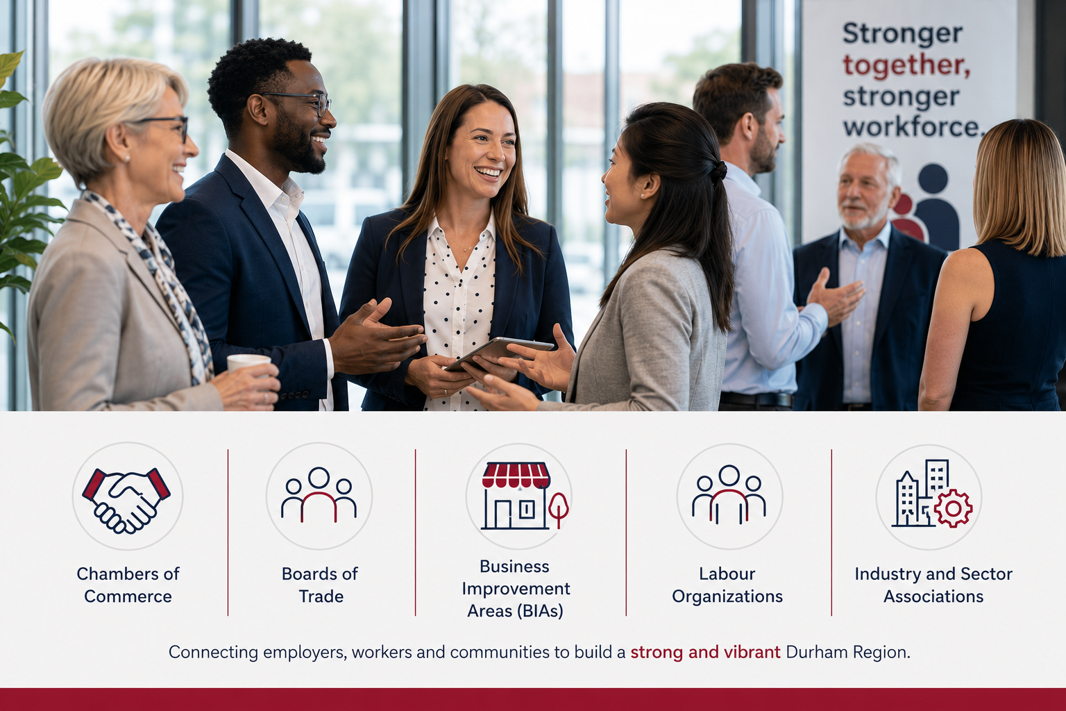 Illustration of professionals collaborating, alongside icons representing Chambers of Commerce, Boards of Trade, Business Improvement Areas (BIAs), Labour Organizations, and Industry and Sector Associations. The graphic highlights organizations that support employers, workers, and communities across Durham Region.