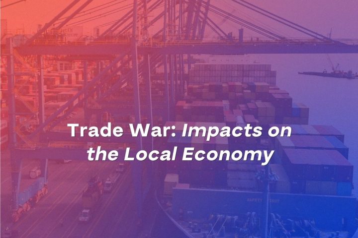 Promotional graphic for a Durham Workforce Authority blog titled “Trade War: Impacts on the Local Economy,” featuring a cargo ship, shipping containers and port cranes with a red and blue overlay.